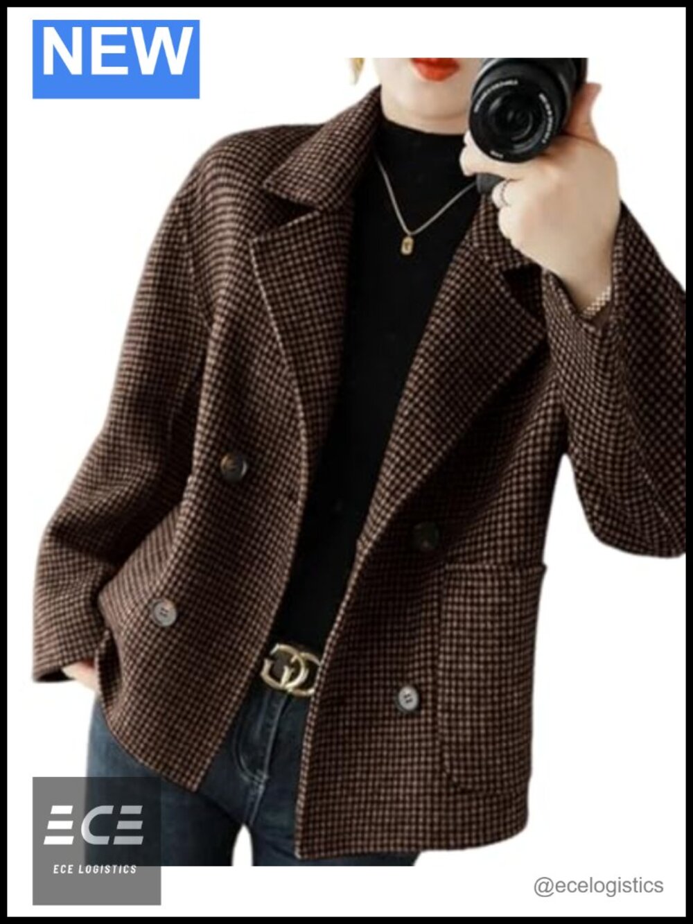 Womens Cropped Wool Blend Pea Coat Houndstooth Button Jacket